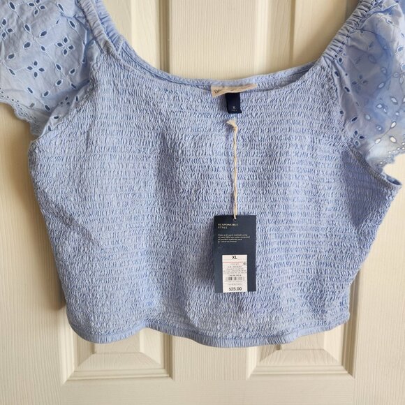 Womens Light Blue Smocked Crop Top Eyelet Flutter Sleeves Universal Thread XL - Picture 7 of 9